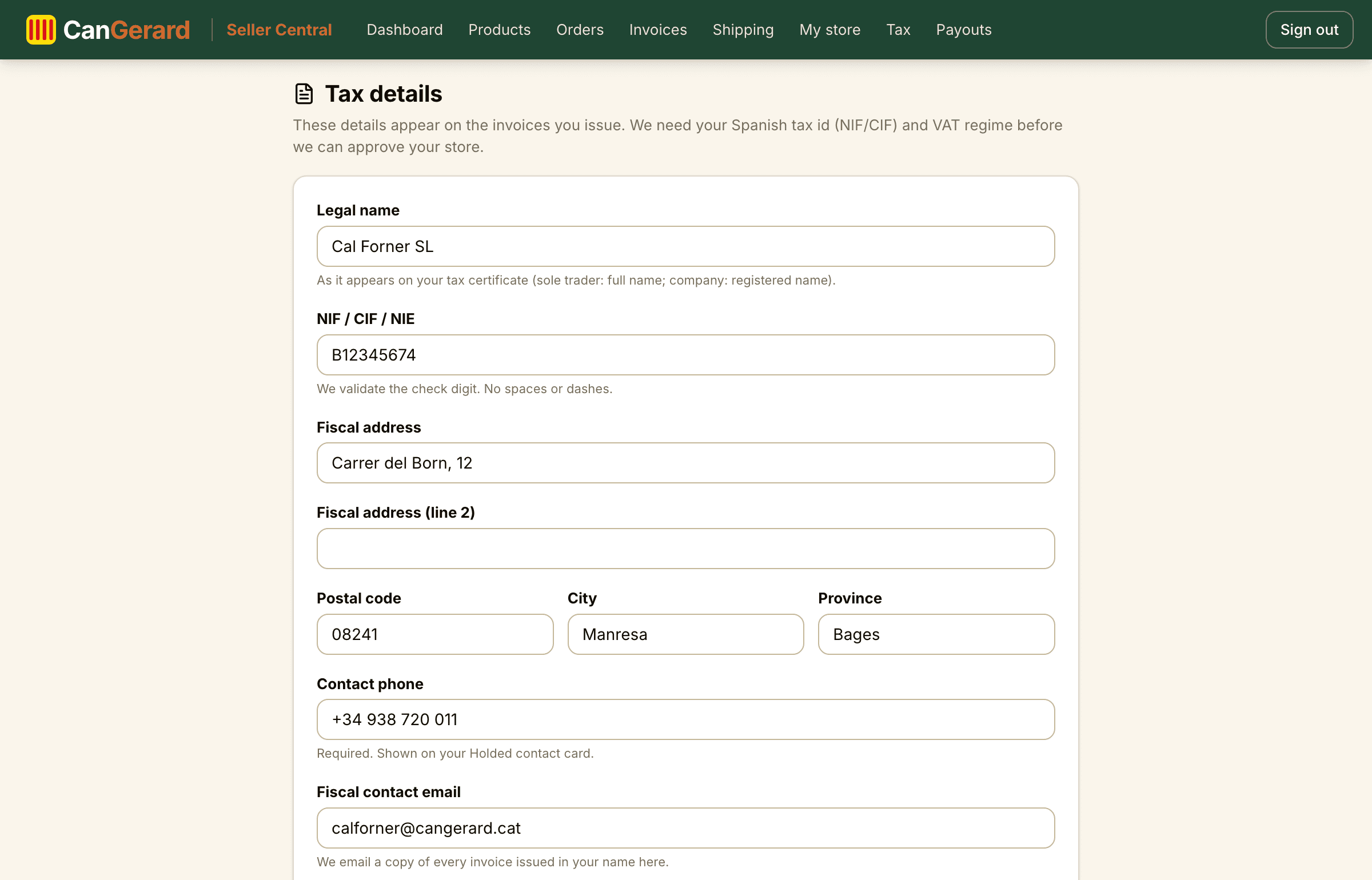 The tax details form, with the NIF/CIF, address and VAT regime.