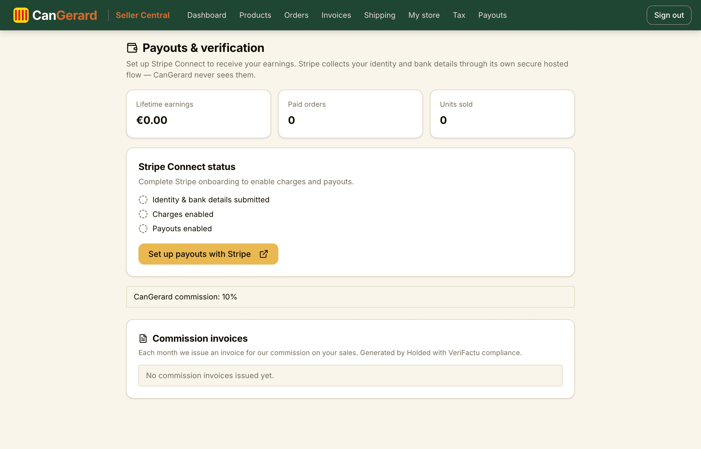 The Payouts page: Stripe status, earnings and commission invoices.