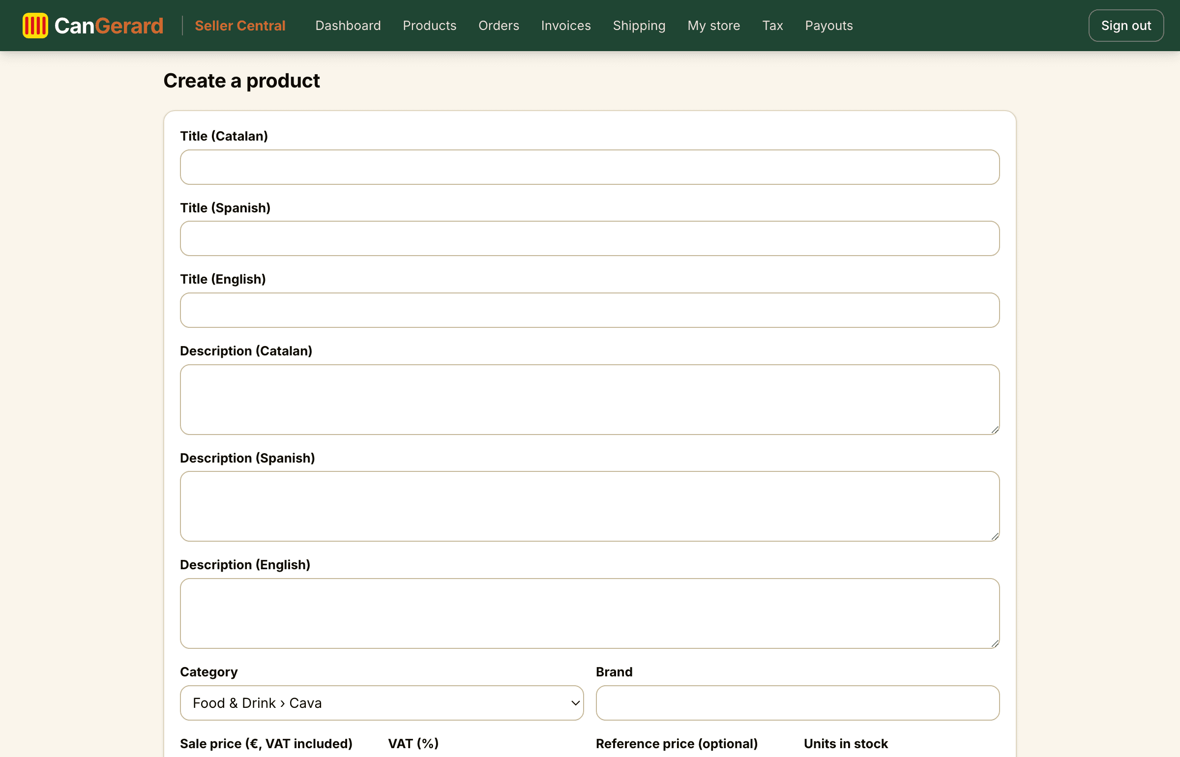The product creation form with basic information.