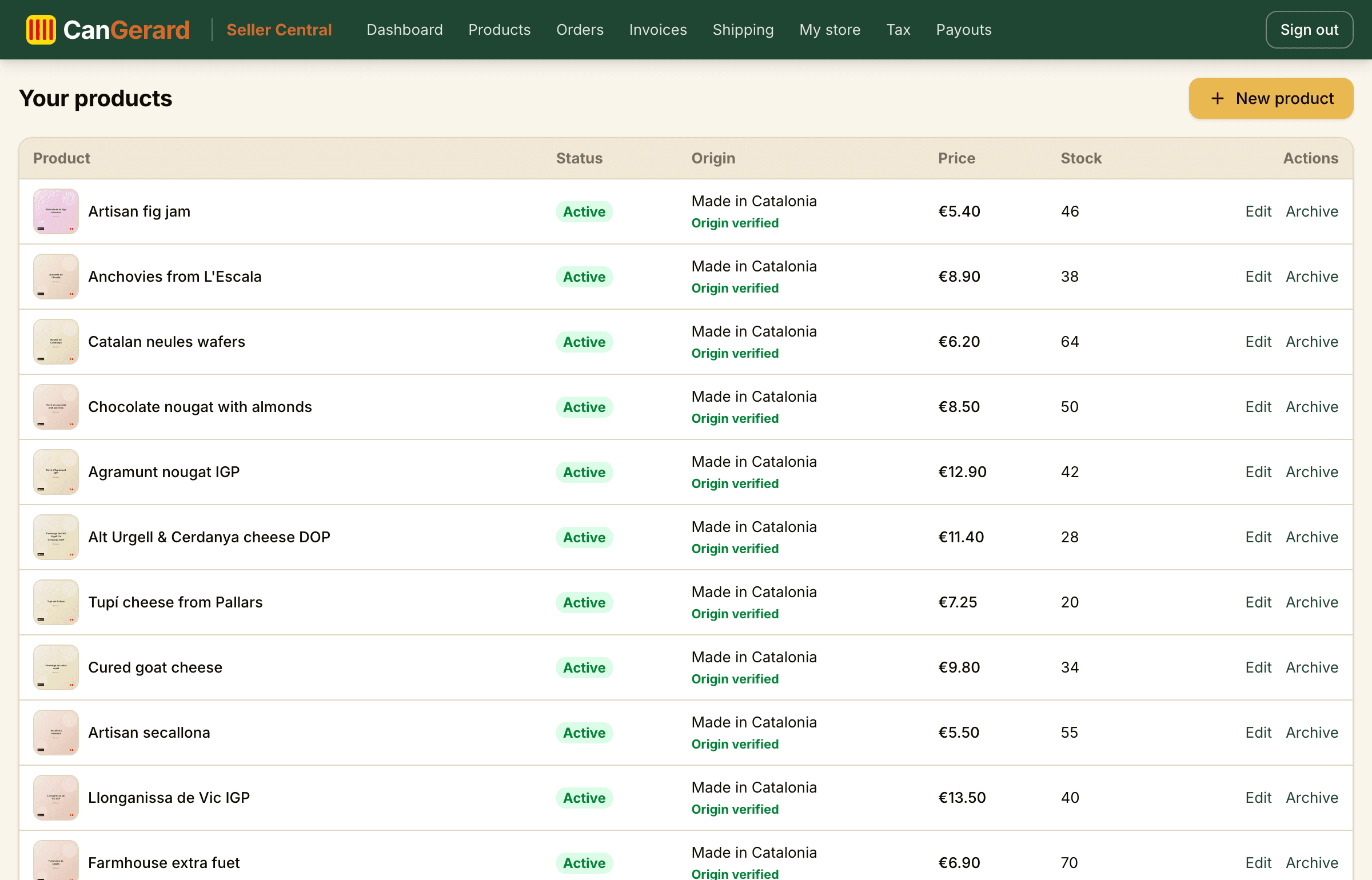 The seller’s product list, with status and verified origin.