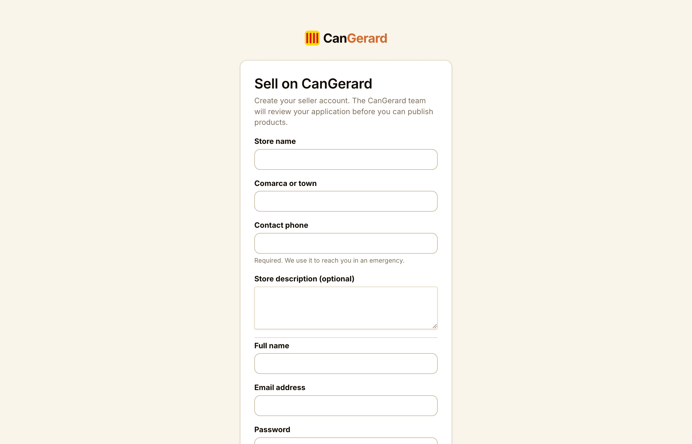 The seller sign-up form (new account).