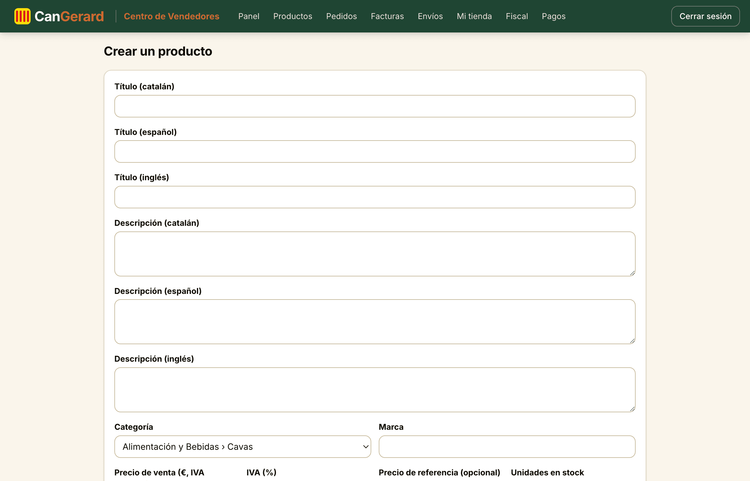 El formulario de creación de producto con la información básica.