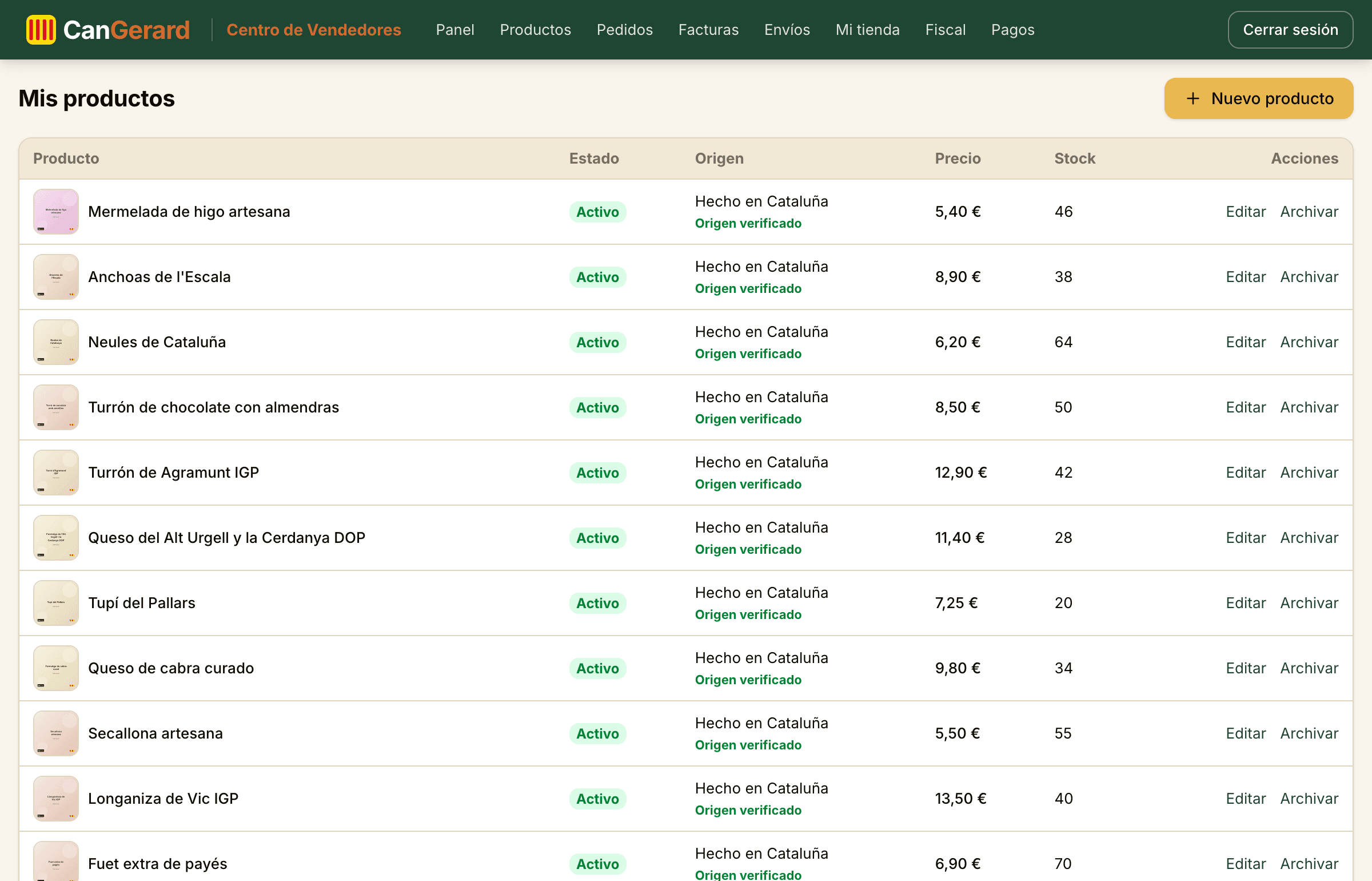 La lista de productos del vendedor, con el estado y el origen verificado.