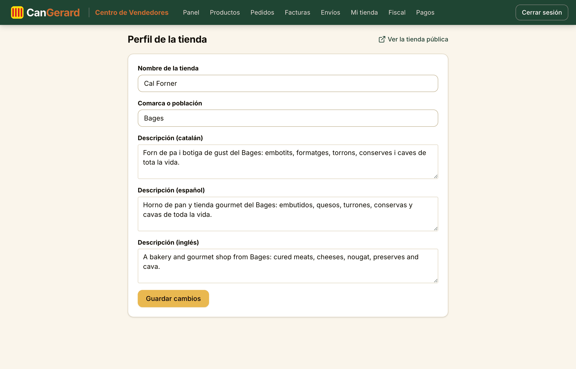 El editor del perfil público de la tienda.